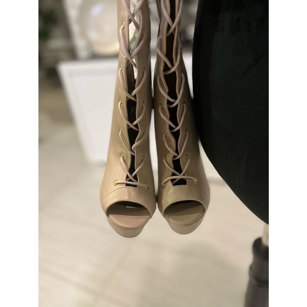Lace up Thigh High nude zip entry heel boots